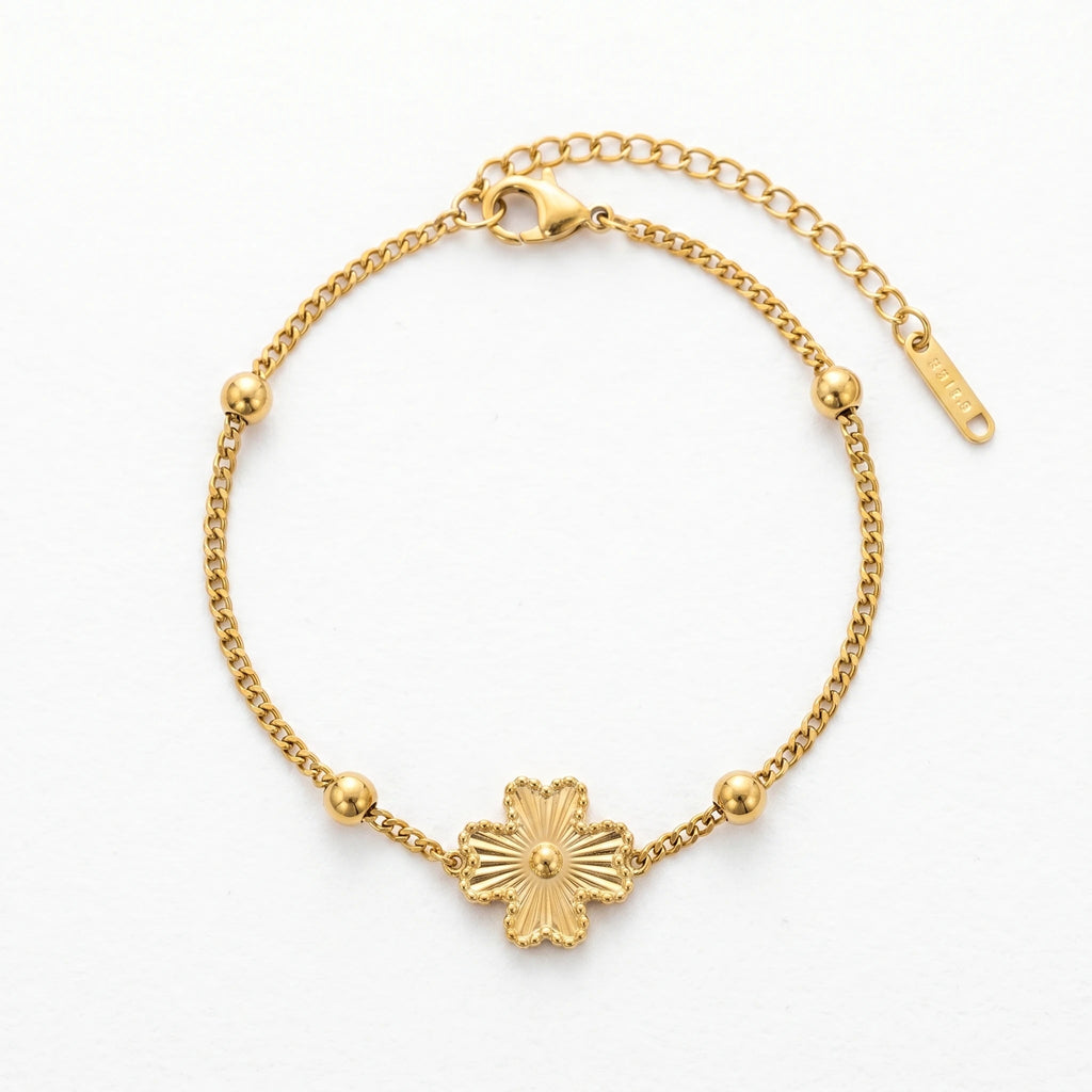 QIAOREN 11053 Elegant Gold Flower Bracelet Stainless Steel Minimalist Floral Chain Jewelry for Women