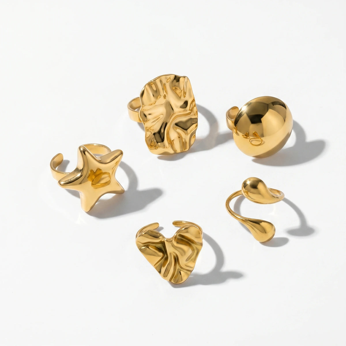 QIAOREN 13101-05 5Pcs 18K Gold Plated Stainless Steel Open Ring Set, Adjustable Stackable Durable Finger Rings