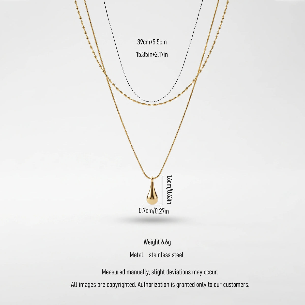 QIAOREN 13532 Double Layer Droplet Pendant Stack Necklace with Rice Bead & Thin Snake Chain, Smooth Teardrop Gold Charm