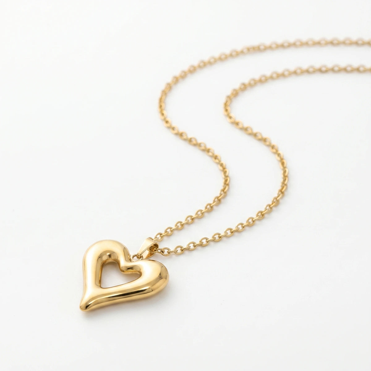 QIAOREN 12894 18K Gold Plated Puffy Heart Necklace, 3D Open Heart Pendant, Waterproof Tarnish Free Stainless Steel Jewelry Women