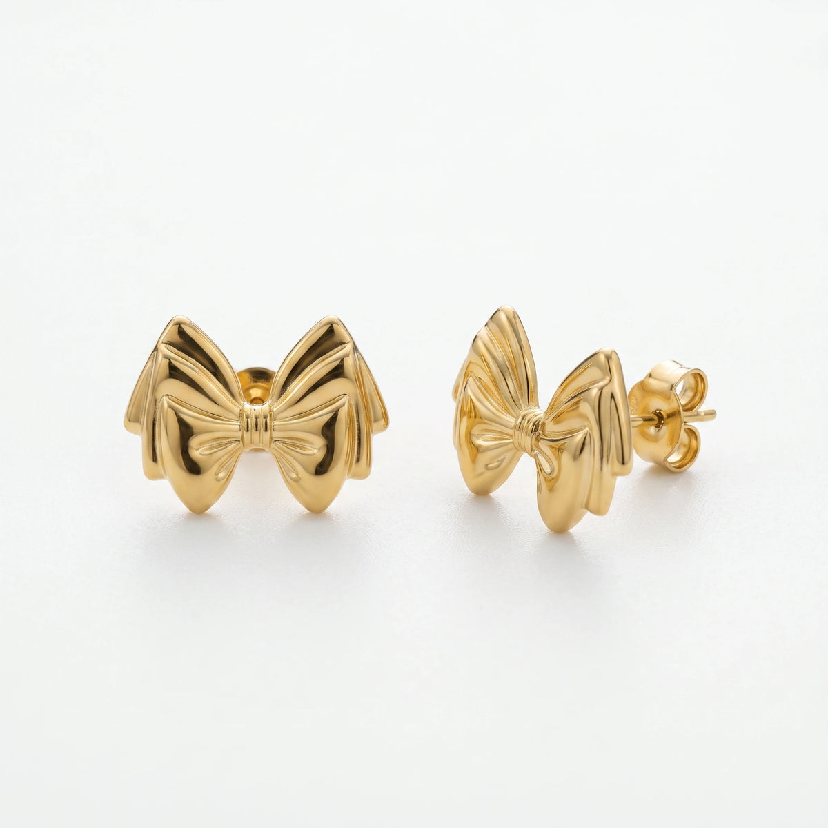 QIAOREN 14051 Polished Gold Double Layer Bow Knot Stud Earrings, 3D Stacked Ribbon Bow Ear Stud Jewelry Gift