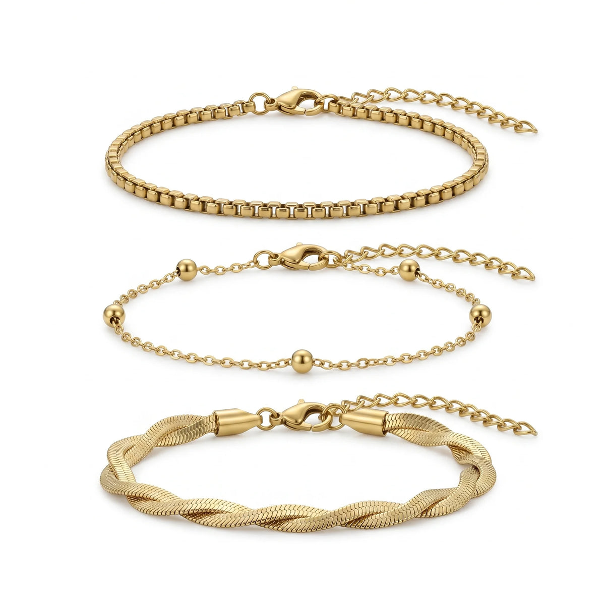QIAOREN 11529 18K Gold Plated 3Pcs Twist Braided Box Chain Bracelet Set Stainless Steel Tarnish Free