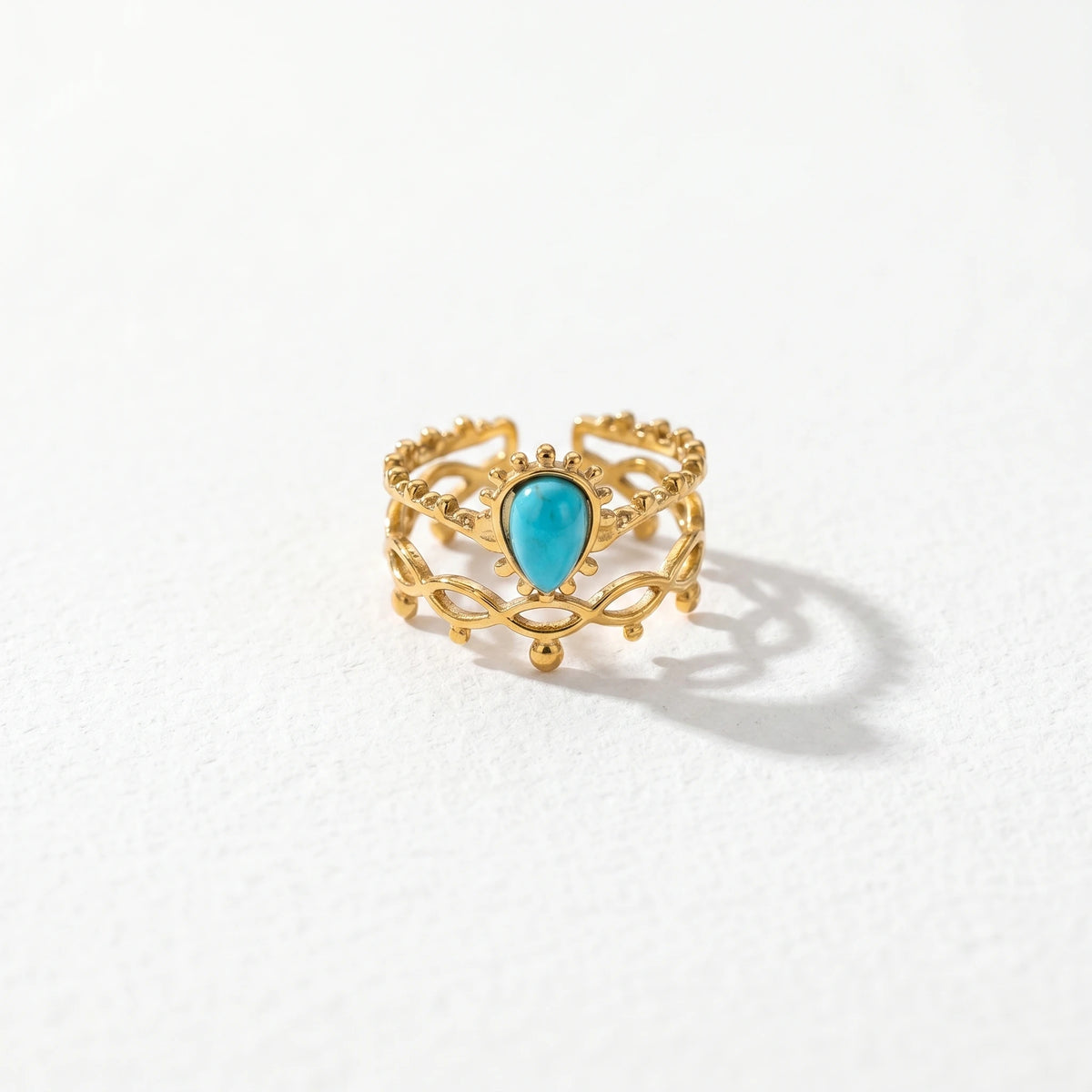 QIAOREN 5Pcs Gold Stainless Steel Turquoise Open Ring Set Irregular Hammered Crown Adjustable Boho Stackable Rings