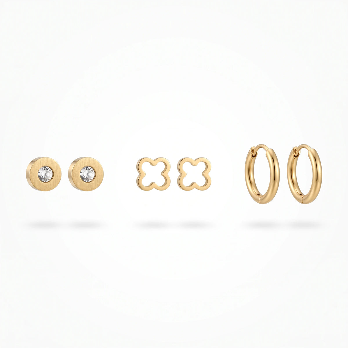 QIAOREN 14452 3 Pair Gold Stainless Steel Stud & Hoop Earrings, CZ, Quartz Clover, Gold Hoops for Daily Fashion