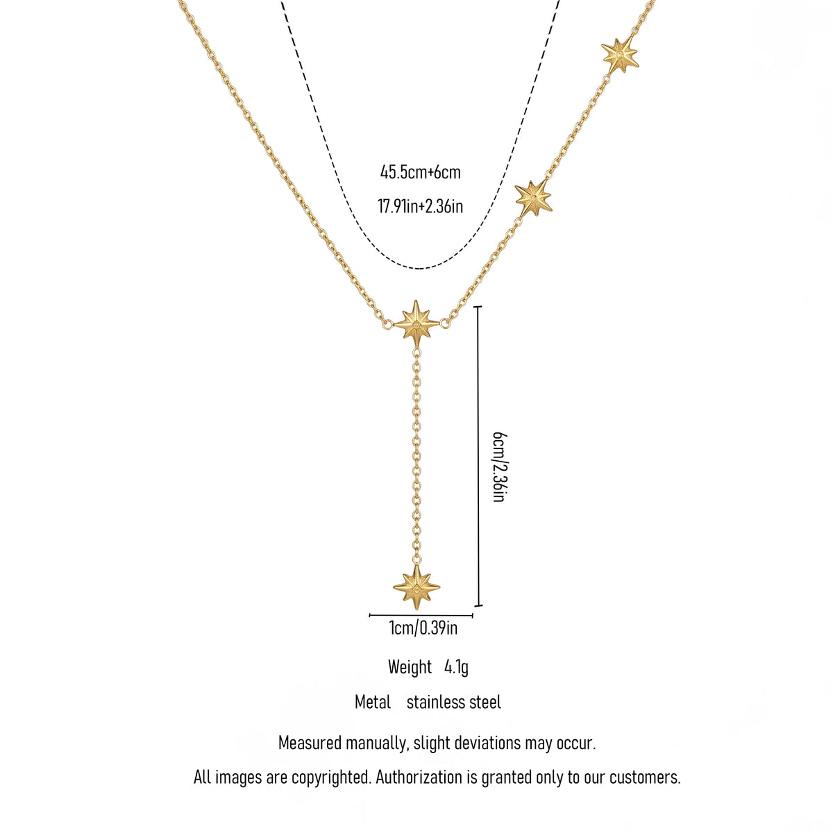 QIAOREN 11843 18K Gold Plated Stainless Steel Anti-Tarnish Hypoallergenic Multiple North Starburst Lariat Y-Chain Necklace