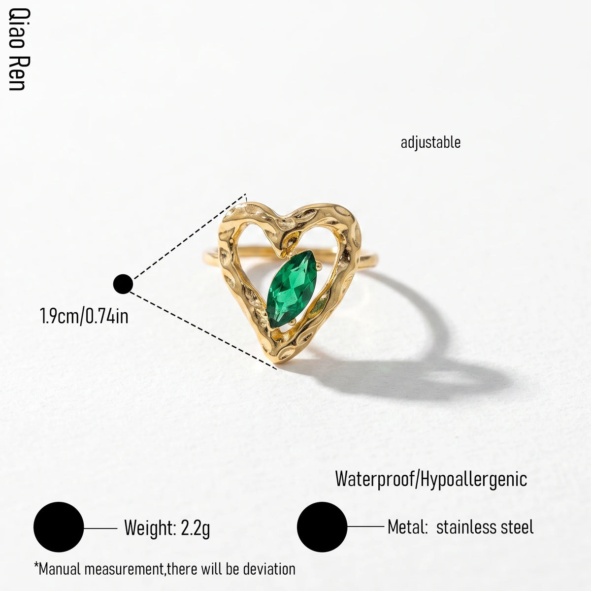 QIAOREN 14169-74 Green Crystal Heart Open Ring Set, Multi Styles Love Shape Adjustable Stackable Ring Jewelry Gift