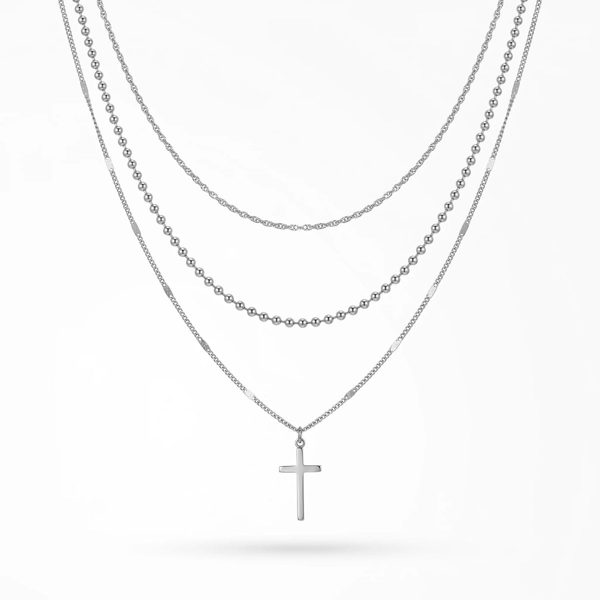 QIAOREN 10602 3 Layered Cross Pendant Necklace Link Chain 18K Gold Plated Stainless Steel Waterproof Tarnish Free Unisex Jewelry