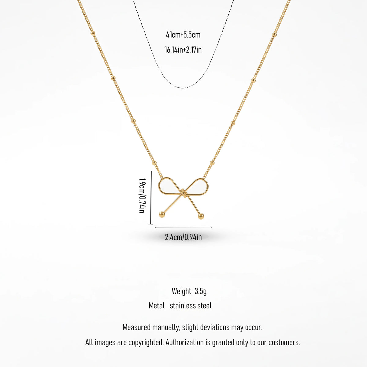 QIAOREN 13985 Beaded Oval Link Chain Pendant Necklace with Hollow Line Bow Charm, Polished Gold Minimalist Bow Collar