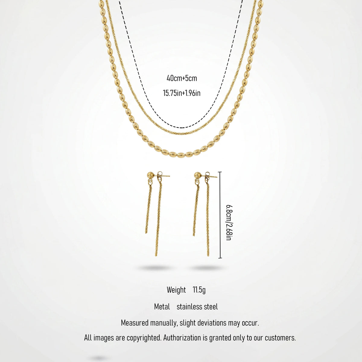 QIAOREN 11542 18K Gold Plated Oval Bead Chain & Tassel Drop Earrings Set Stainless Steel Tarnish Free