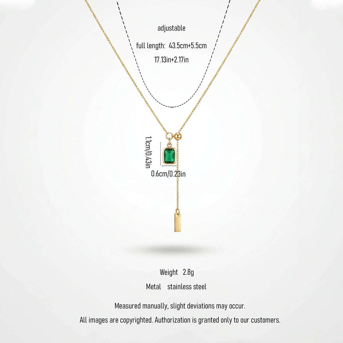 QIAOREN 13554 Stainless Steel Green Gemstone Pendant Necklace Gold Dainty Adjustable Chain Minimalist Jewelry for Women