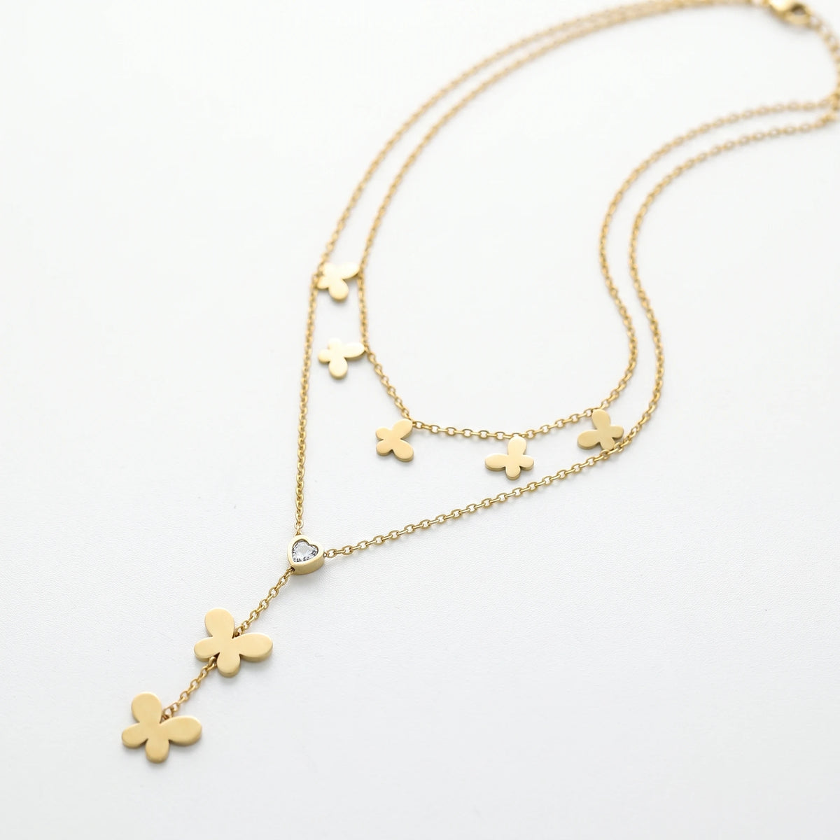 QIAOREN 13553 Stainless Steel Butterfly Layered Necklace Gold Butterfly Charm Pendant Double Layer Chain Jewelry for Women