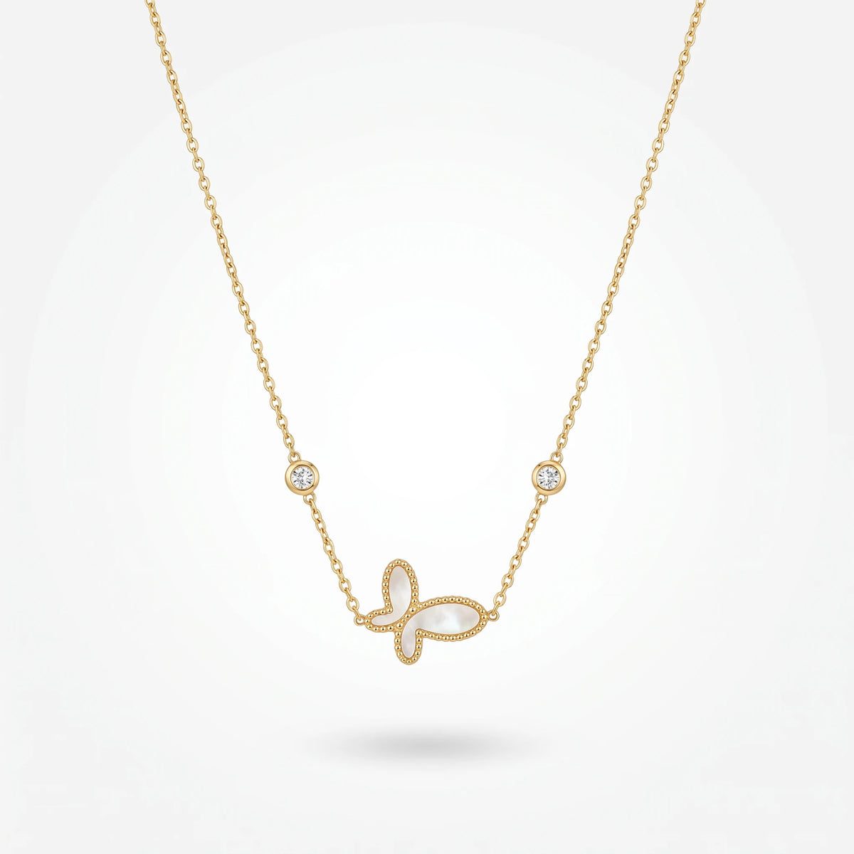 QIAOREN 13710 Thin Cable Chain Necklace with Hollow Beaded Border Butterfly Inlaid White Mother of Pearl & Dual Zircon