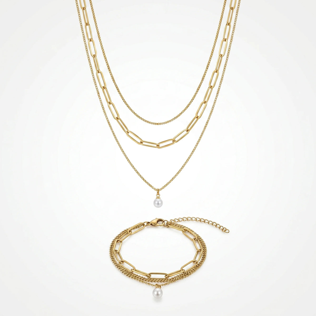 QIAOREN 11515 18K Gold Plated 3 Layered Pearl Pendant Necklace Bracelet Set Stainless Steel Tarnish Resistant