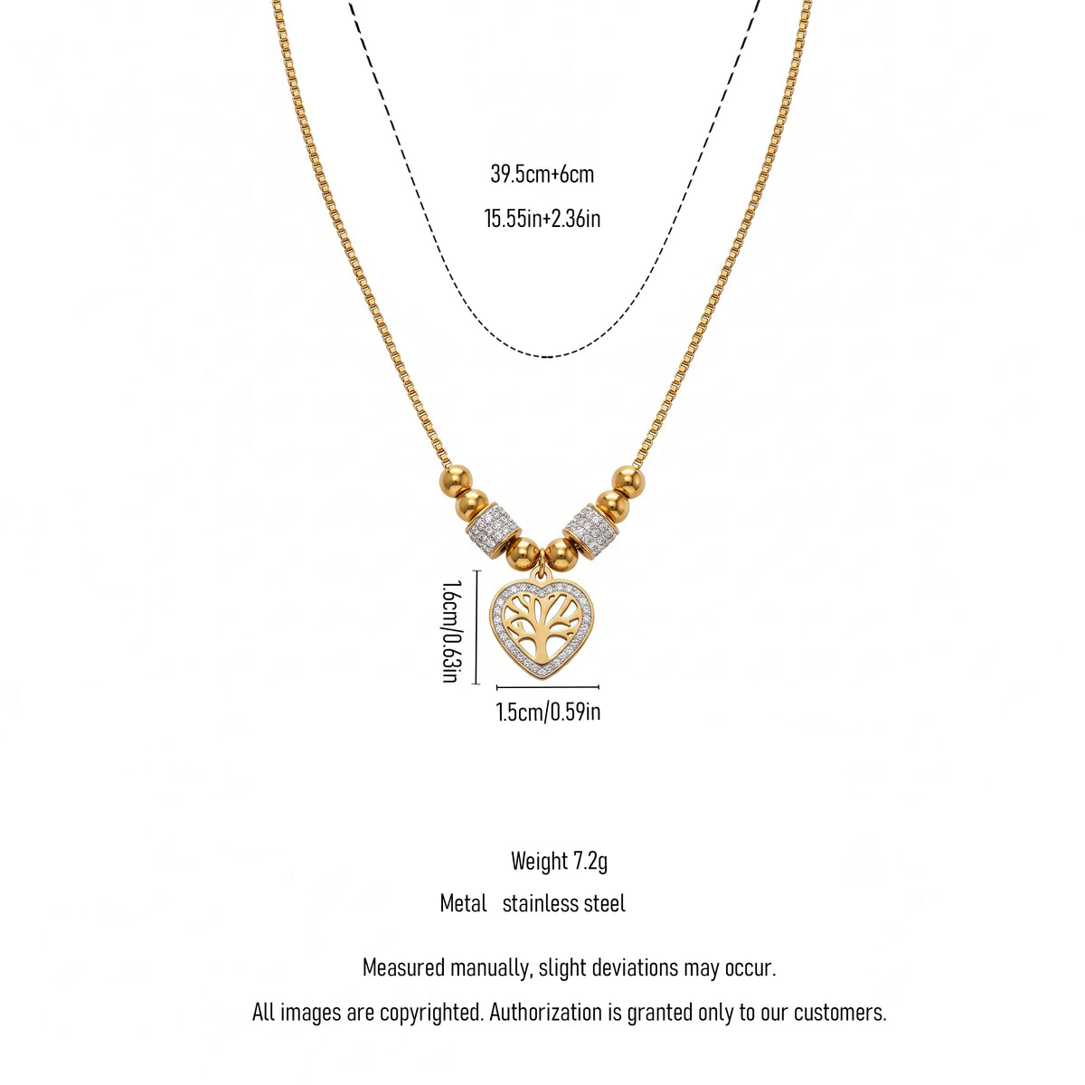 QIAOREN 13809 Thin Box Chain Pendant Necklace with Round Ball Beads & Two Paved CZ Tube Spacers, Hollow Heart Frame Life