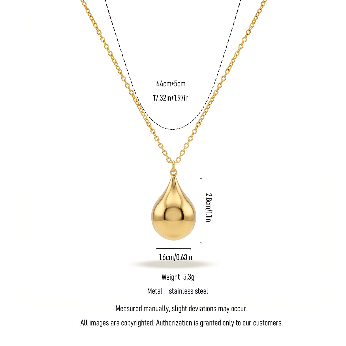 QIAOREN 11751 Polished Teardrop Pendant Necklace 18K Gold Stainless Steel Smooth Shiny Statement Piece