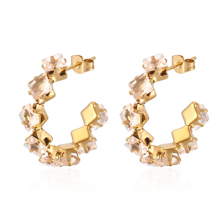 QIAOREN 12208-16  Gold Plated Stainless Steel Rainbow Square CZ Huggie Hoop Earrings