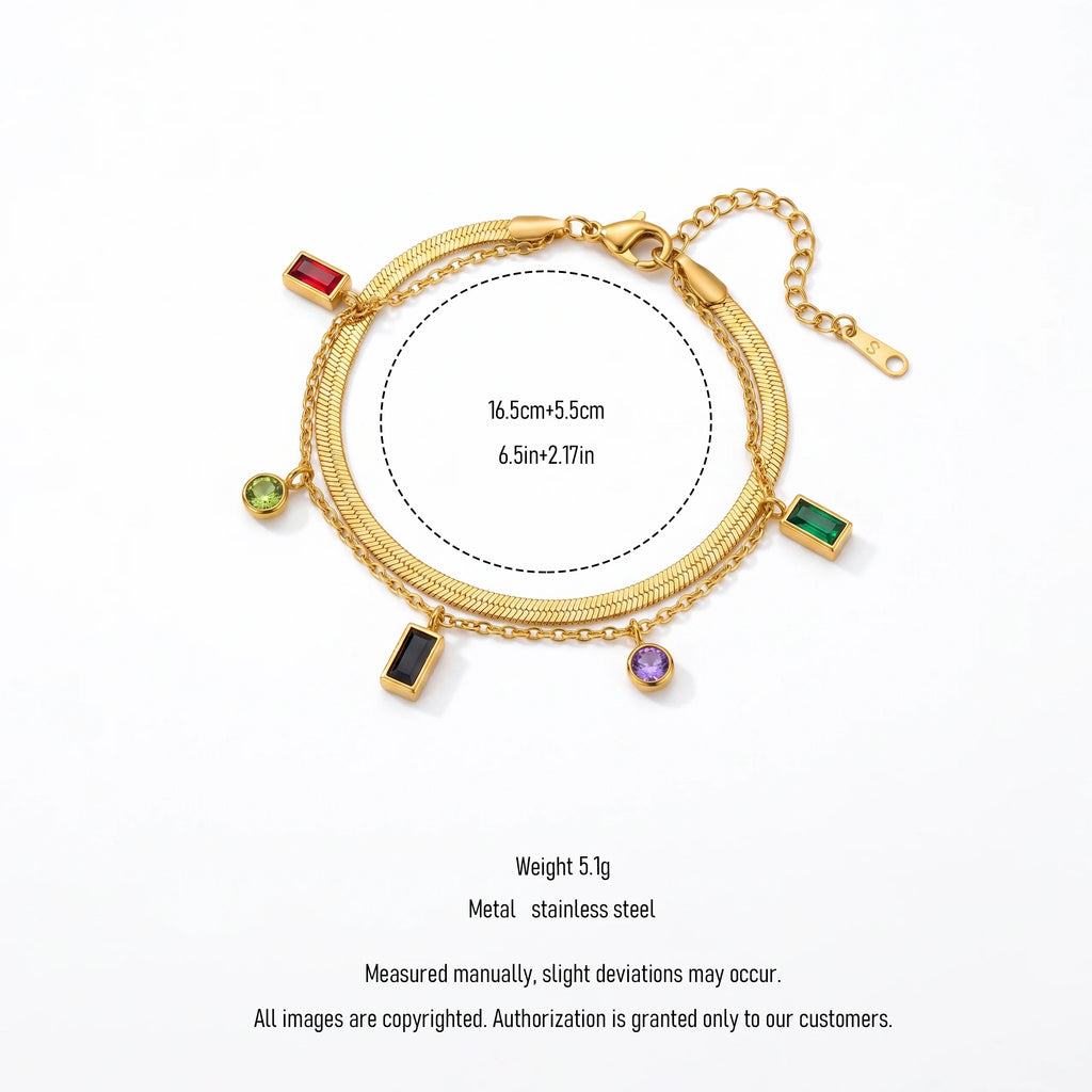 QIAOREN 13772 Double Layer Flat Herringbone Snake Bracelet with Multi Color Rectangle & Round Cut CZ Charms, Peridot Zircon