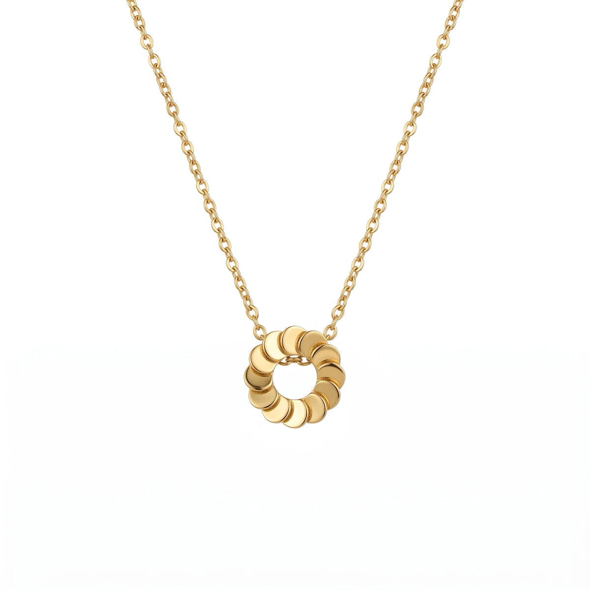 QIAOREN 13805 Thin Oval Link Chain Pendant Necklace with Stacked Disc Wreath Hollow Circle Charm