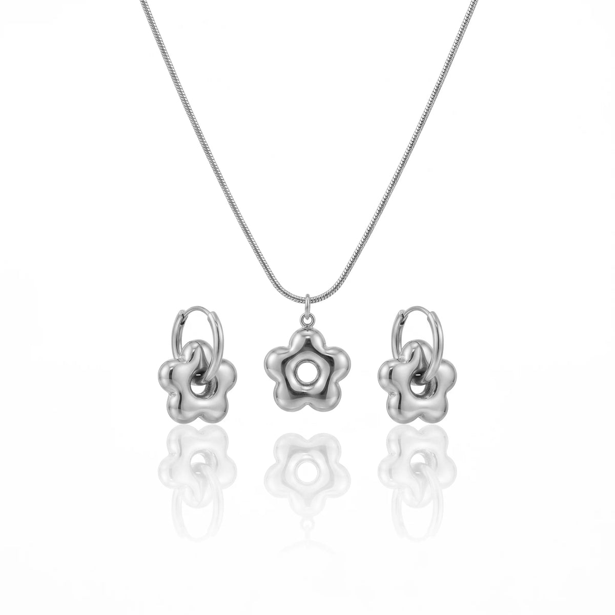 QIAOREN 12866 18K Gold Plated Puffy Flower Necklace Earrings Set, Waterproof Tarnish Free Stainless Steel Jewelry for Women