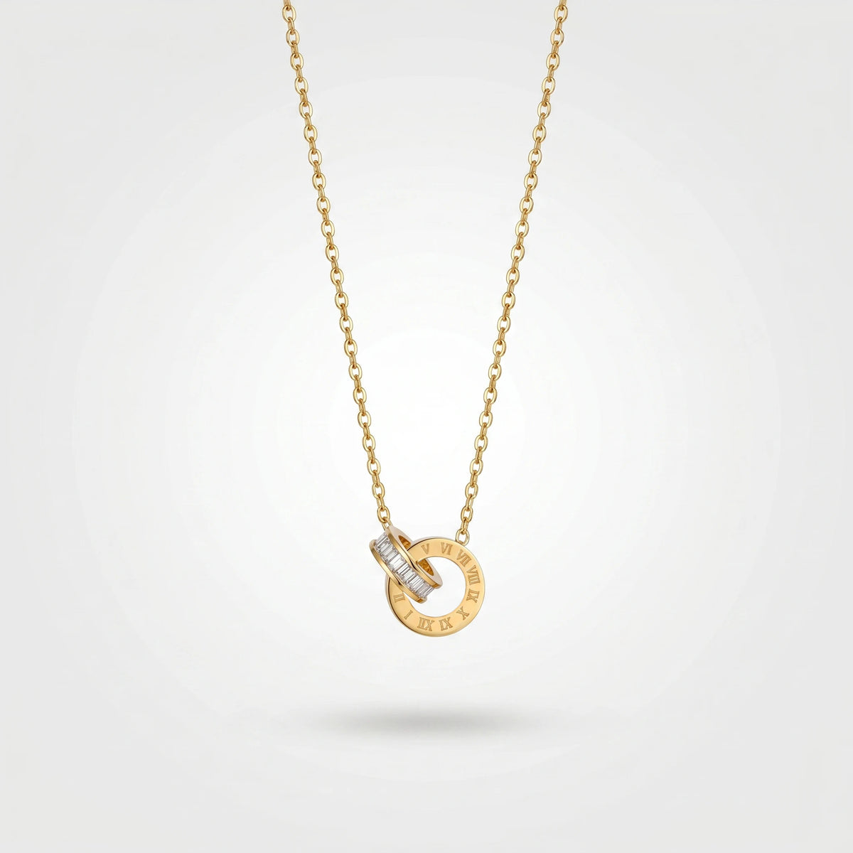 QIAOREN 13175 Stainless Steel Roman Numeral Interlocking Ring Pendant Necklace Gold Plated Minimalist Circle Jewelry for Women
