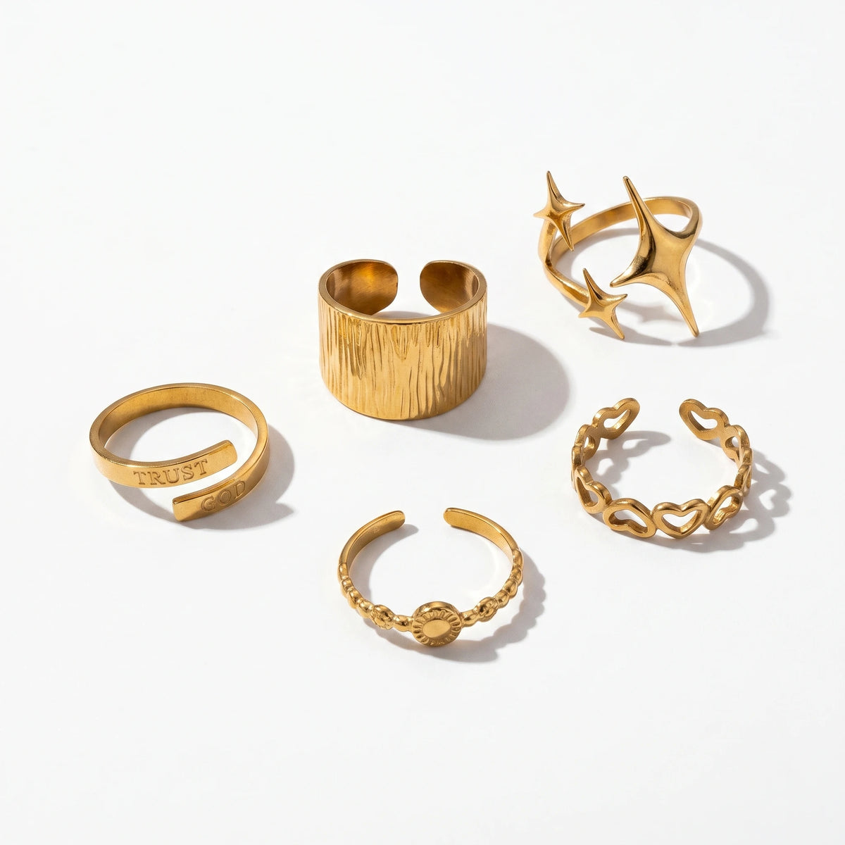 QIAOREN 5Pcs 18K Gold Plated Stainless Steel Rings Set Tarnish Free Adjustable Stackable Open Cuff Rings for Women