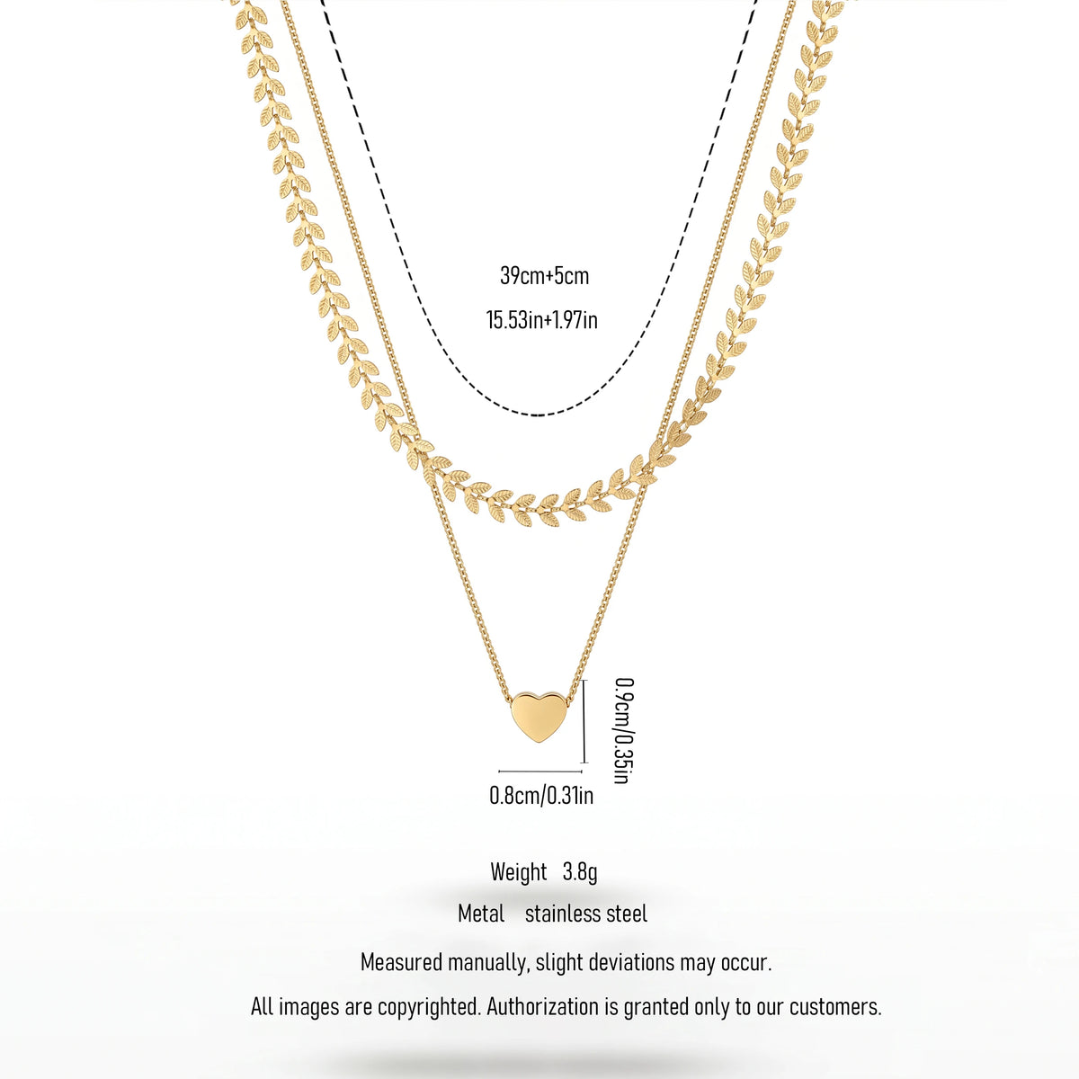 QIAOREN 11318 Boho Leaf & Heart Layered Necklace 18K Gold Plated Stainless Steel Beach Vacation Jewelry