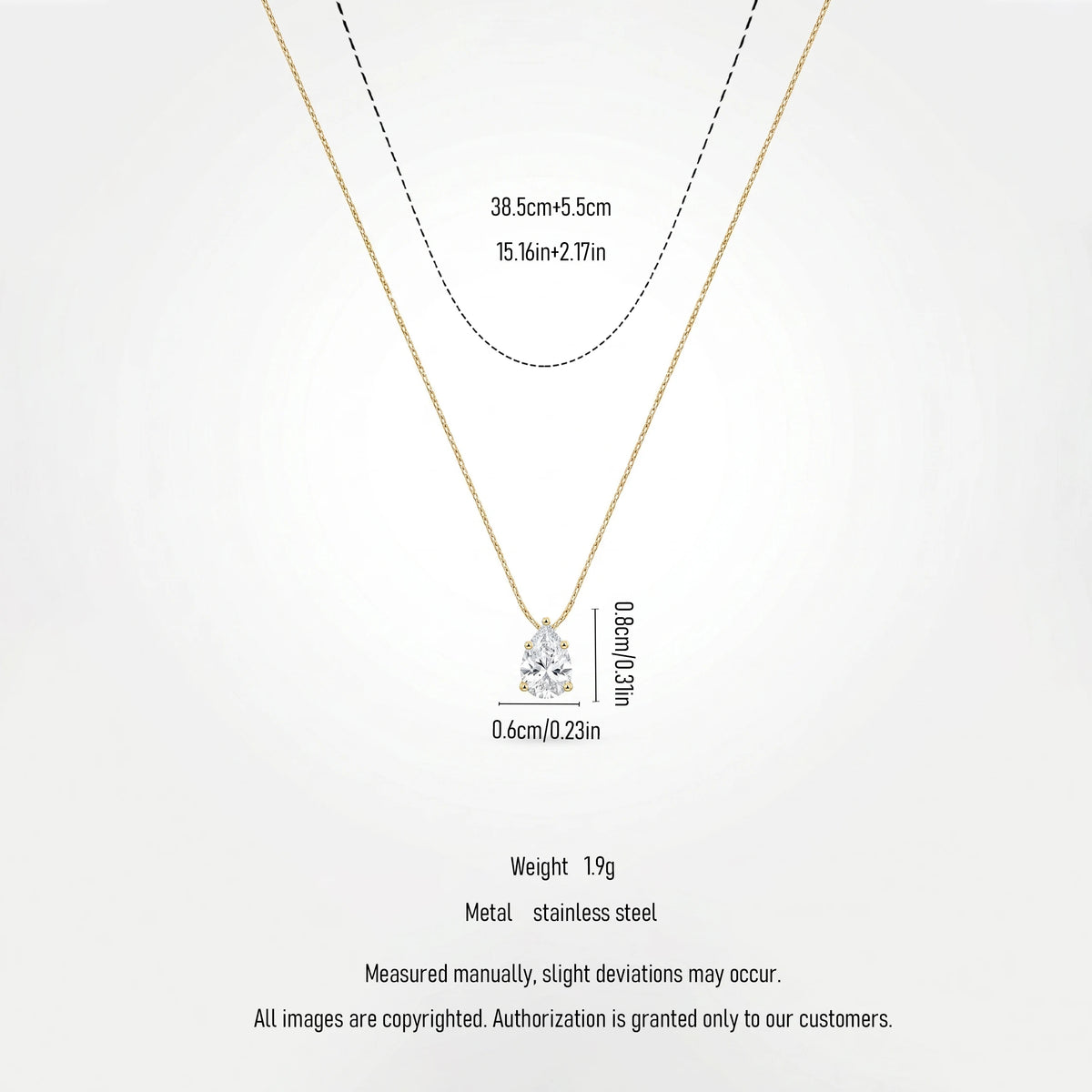 QIAOREN 13168 Stainless Steel Pear Cut CZ Solitaire Pendant Necklace Gold Plated Minimalist Dainty Jewelry for Women