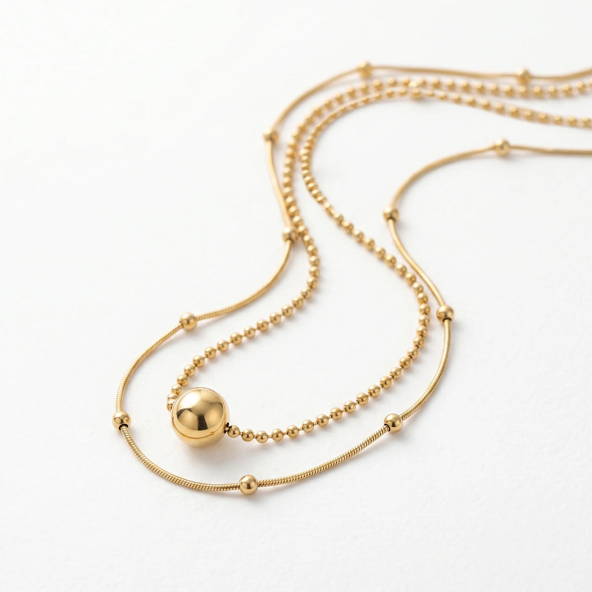 QIAOREN 11899 Minimalist Double Layer Beaded Snake Chain Necklace 18K Gold Stainless Steel Ball Pendant Daily Layering Jewelry