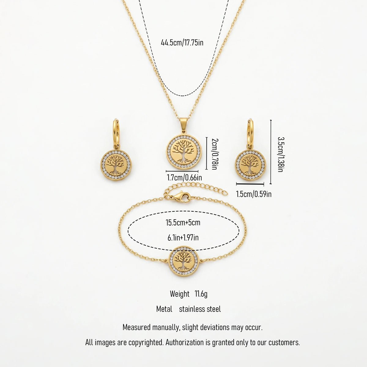 QIAOREN 11585 Waterproof 18K Gold Plated Stainless Steel Tree of Life Jewelry Set for Women Daily Wear 3 Piece