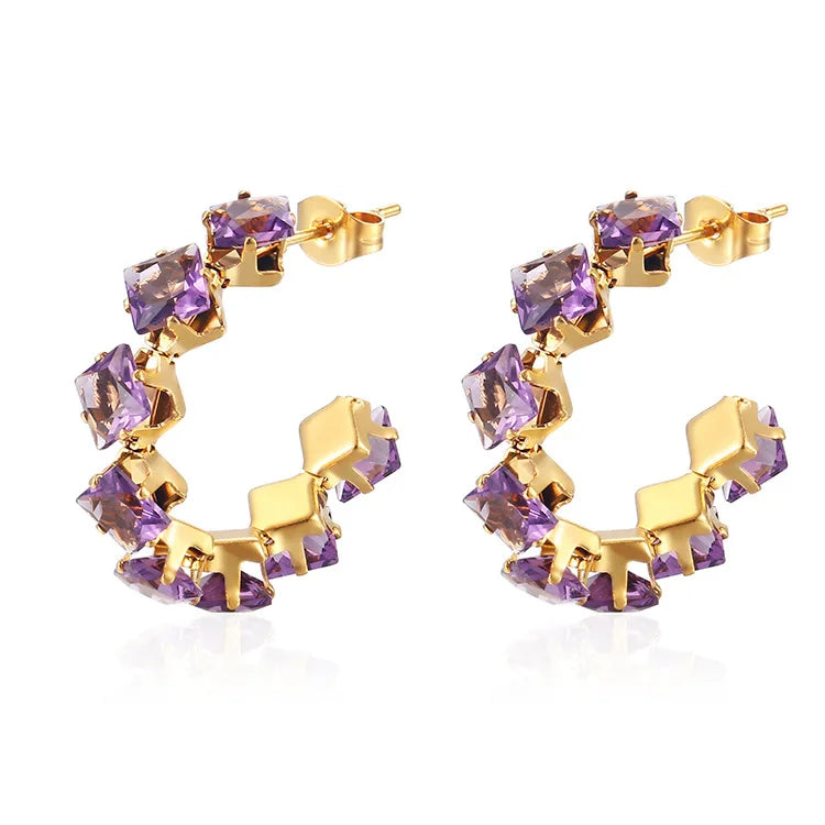 QIAOREN 12208-16  Gold Plated Stainless Steel Rainbow Square CZ Huggie Hoop Earrings