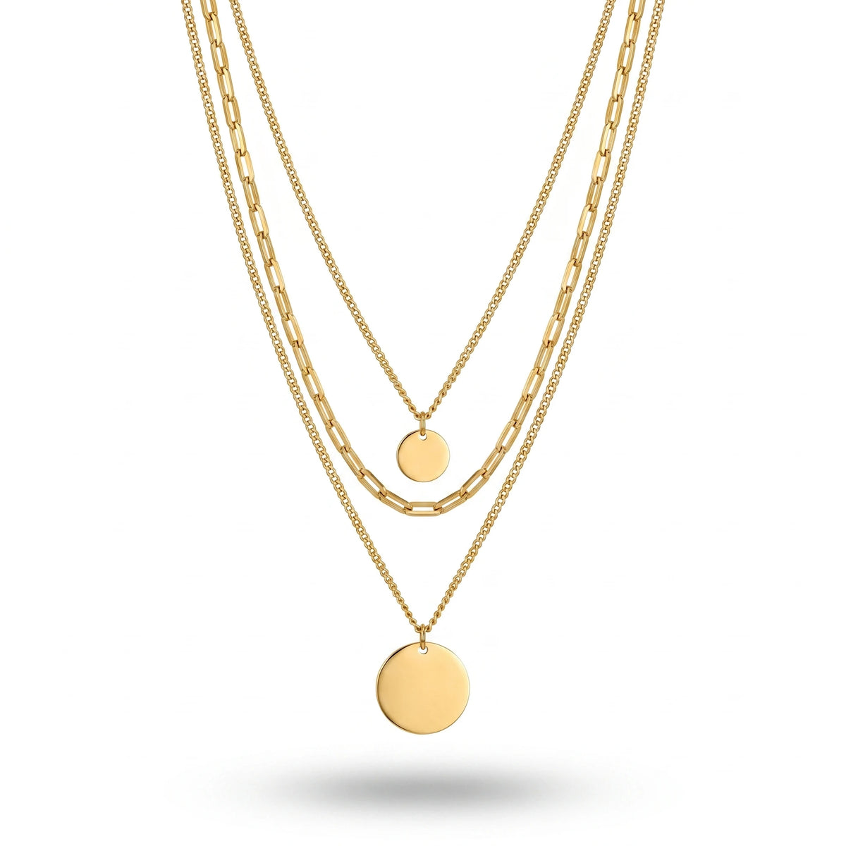 QIAOREN 11359 18K Gold Plated 3 Layered Paperclip Chain Necklace With Dual Disc Pendants Stainless Steel Tarnish Free