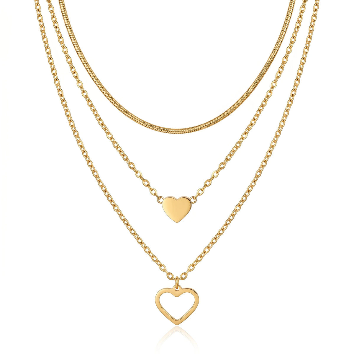 QIAOREN 10623 Trendy Layered Heart Necklace Stainless Steel Gold Plated Link Chain Party Jewelry for Women