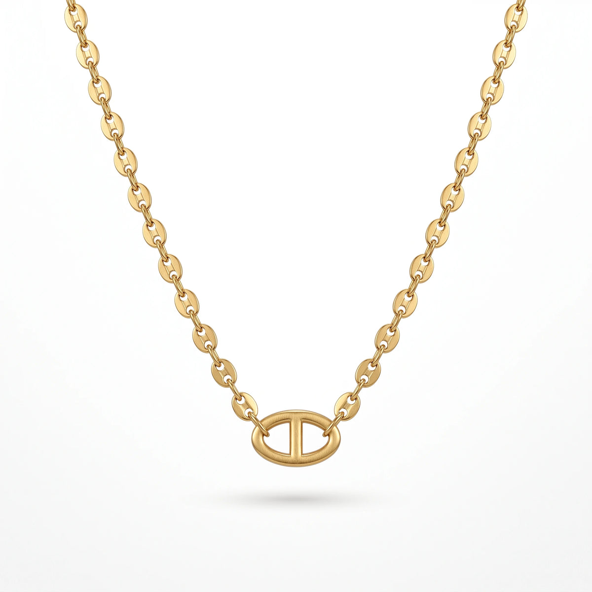 QIAOREN 13722  Oval Link Thin Chain Pendant Necklace with Hollow Single Square Buckle Charm, Matte Brush Gold Jewelry Gift
