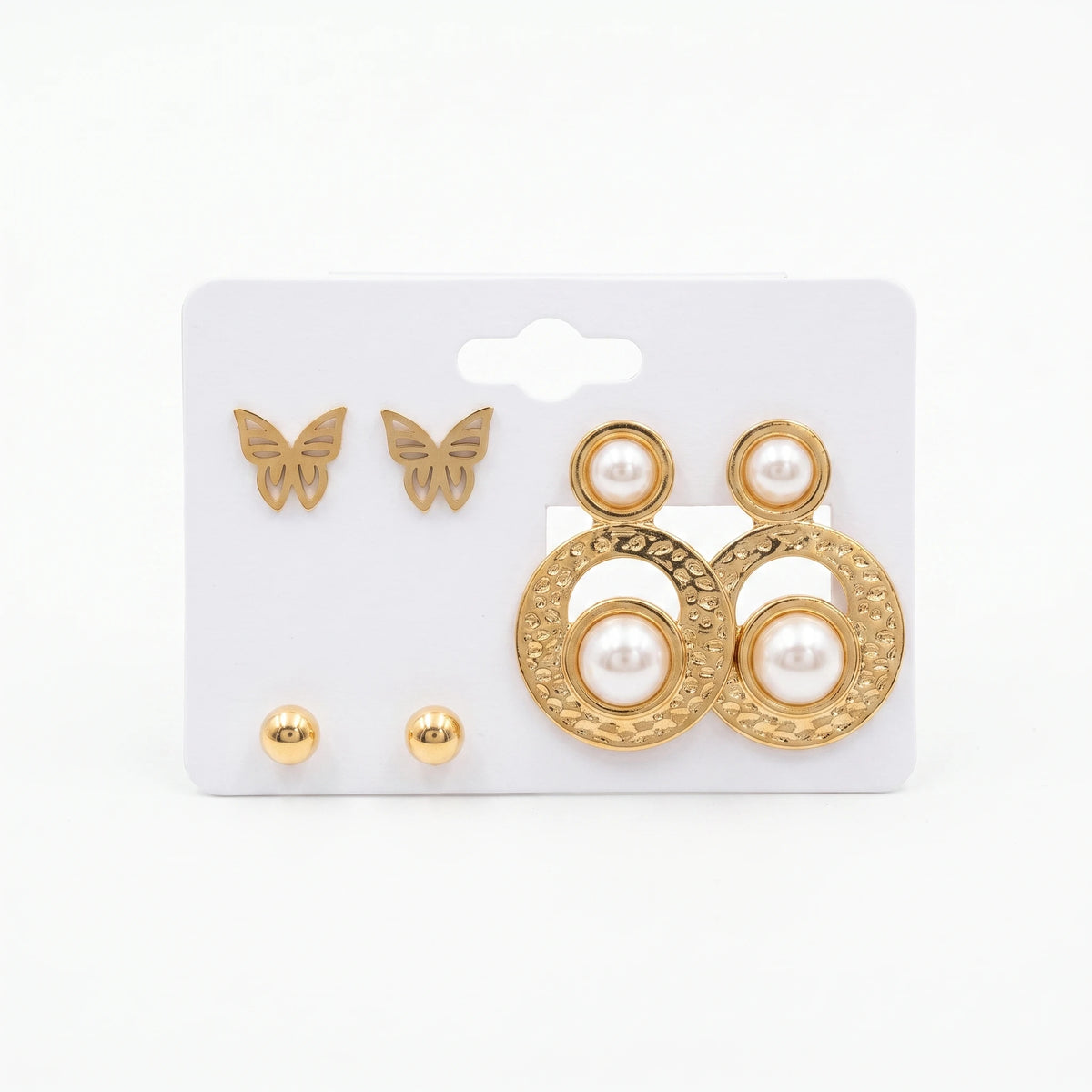 QIAOREN 14482 3 Pair Gold Stainless Steel Earrings Set, Leopard Textured Double Circle Pearl, Butterfly & Ball Stud Earrings