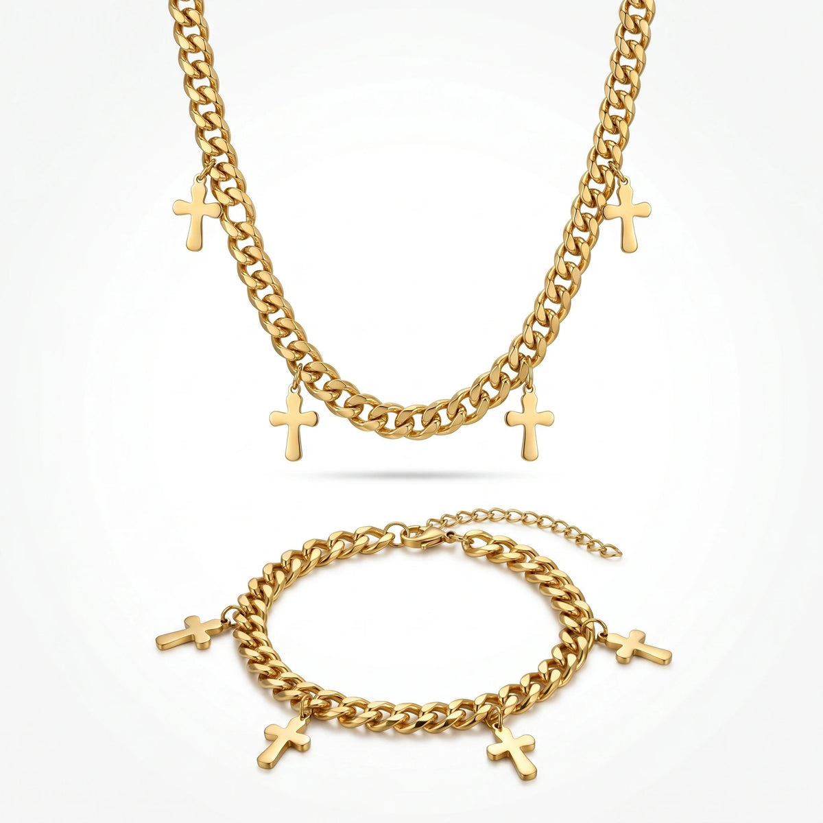 QIAOREN 11892 Wholesale Stainless Steel Cuban Chain Set Multi Cross Charms Adjustable Gold Necklace Bracelet Jewelry