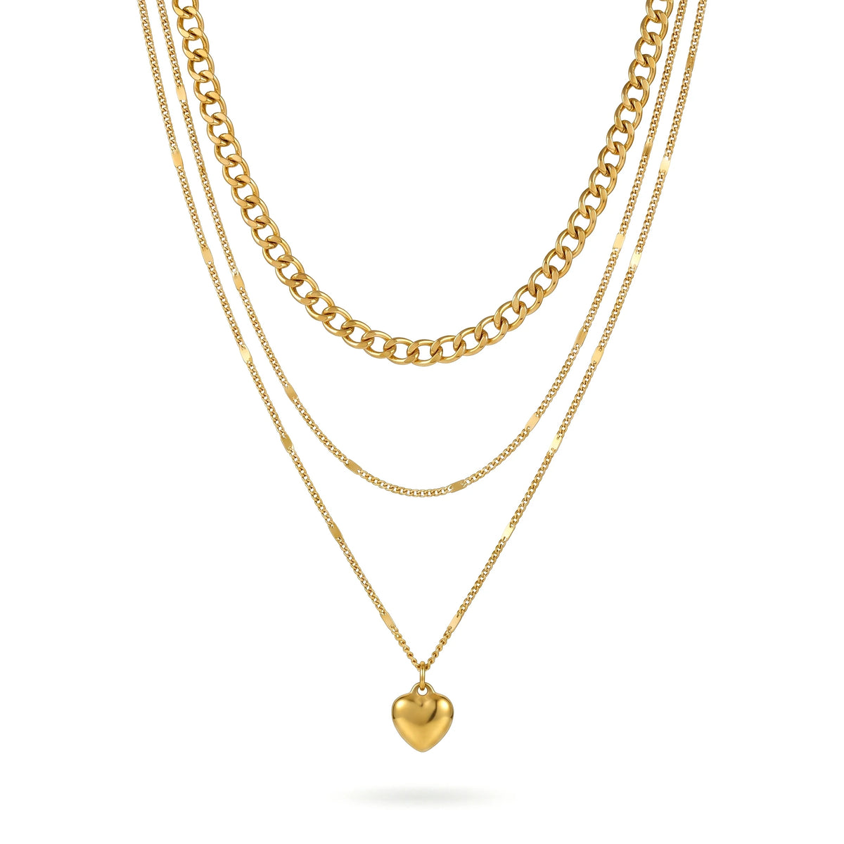 QIAOREN 11988 Europe Hot Hypoallergenic Stainless Steel 3 Tier Stacked Necklace Mixed Link Chain Heart Charm Layered Necklaces