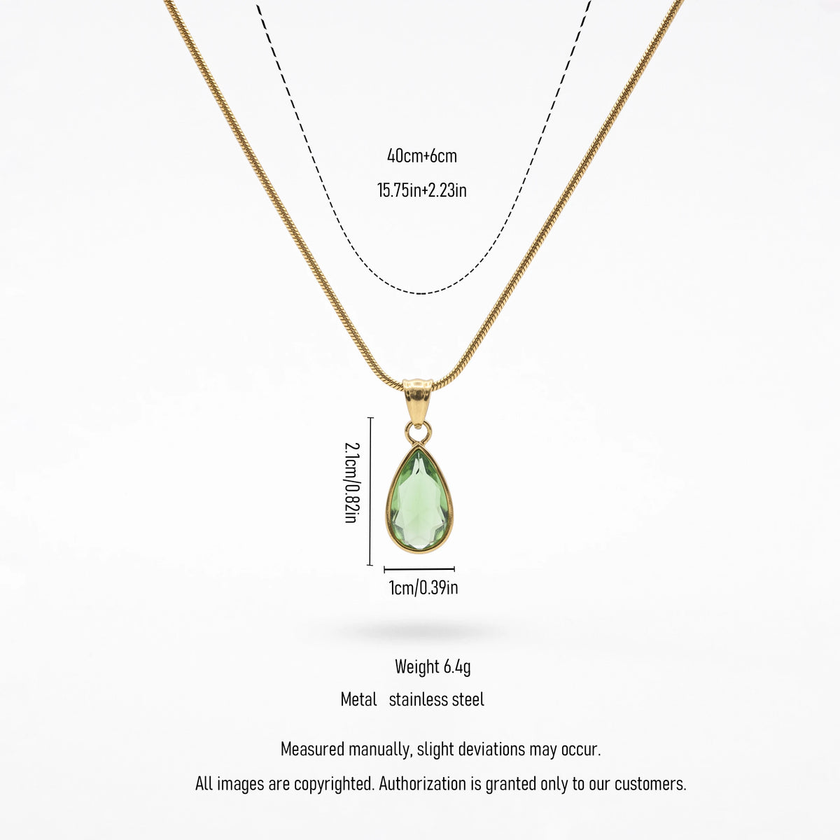 QIAOREN 13845-46 Stainless Steel Green Crystal Teardrop Necklace Waterproof Hypoallergenic Elegant Pendant for Women