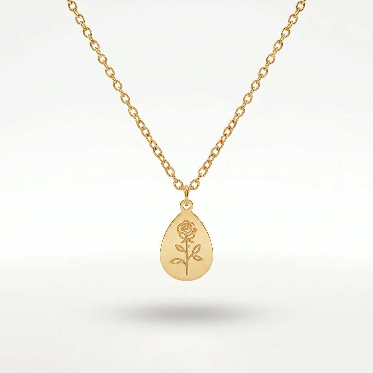 QIAOREN 11327 18K Gold Plated Teardrop Rose Engraved Pendant Necklace Stainless Steel Tarnish Free Waterproof Jewelry