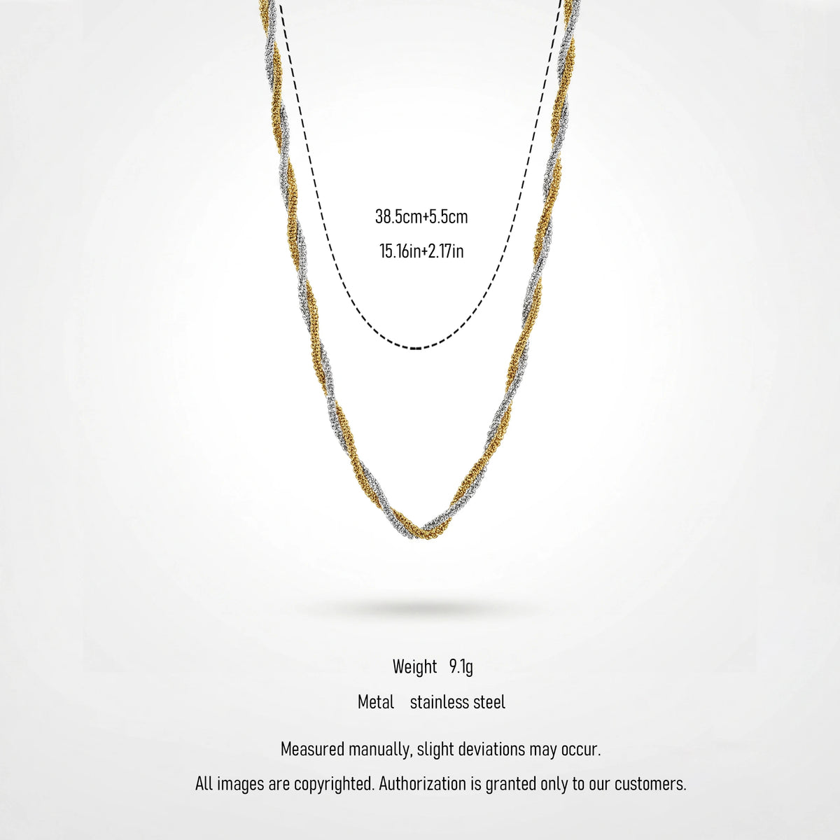 QIAOREN 13544 Two Tone Twisted Sparkling Chain Necklace, Interwoven Gold Silver Glitter Rope Chain
