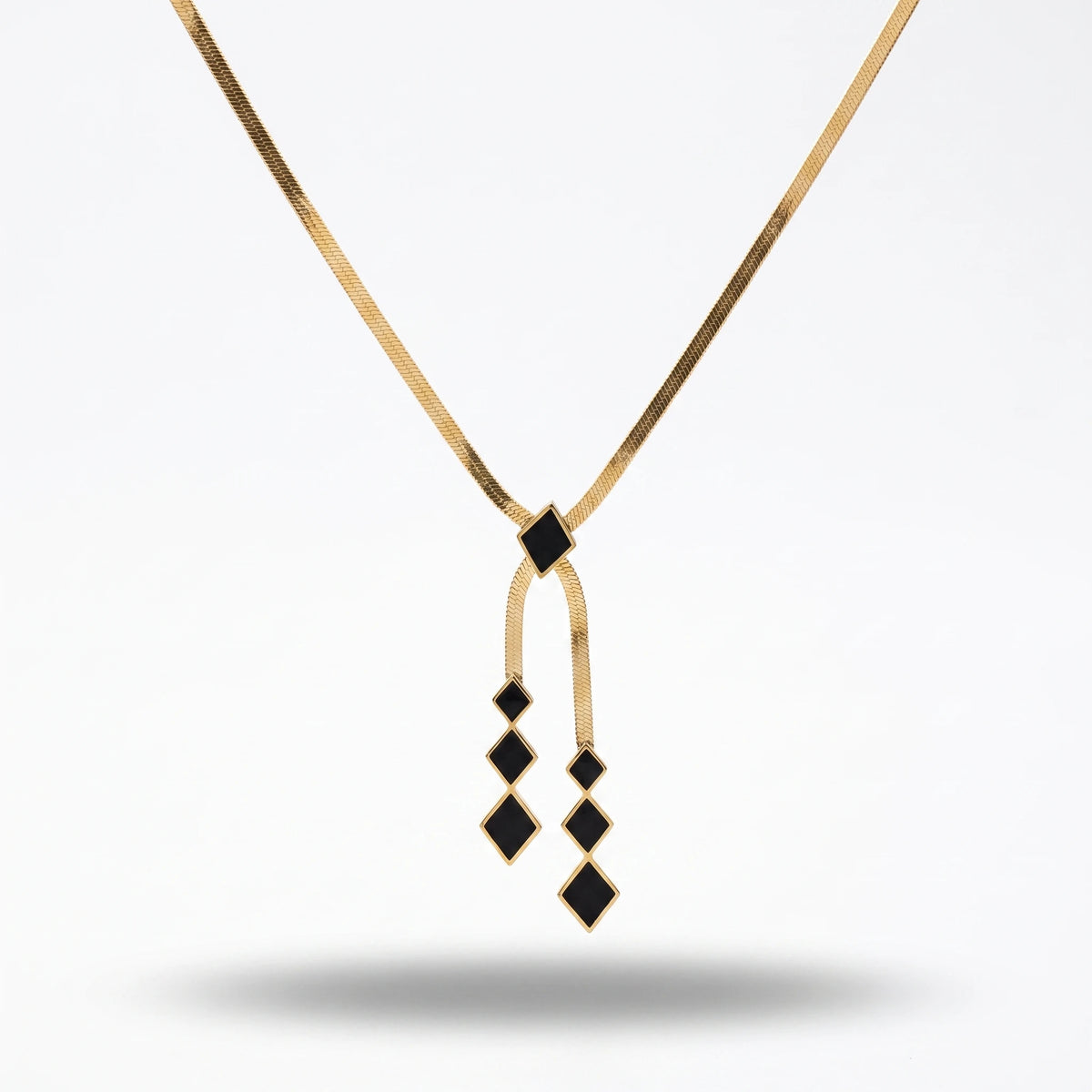 QIAOREN 13800 Thin Flat Herringbone Snake Chain Pendant Necklace with Sliding Black Enamel Square Charm & Two Tassel Strands
