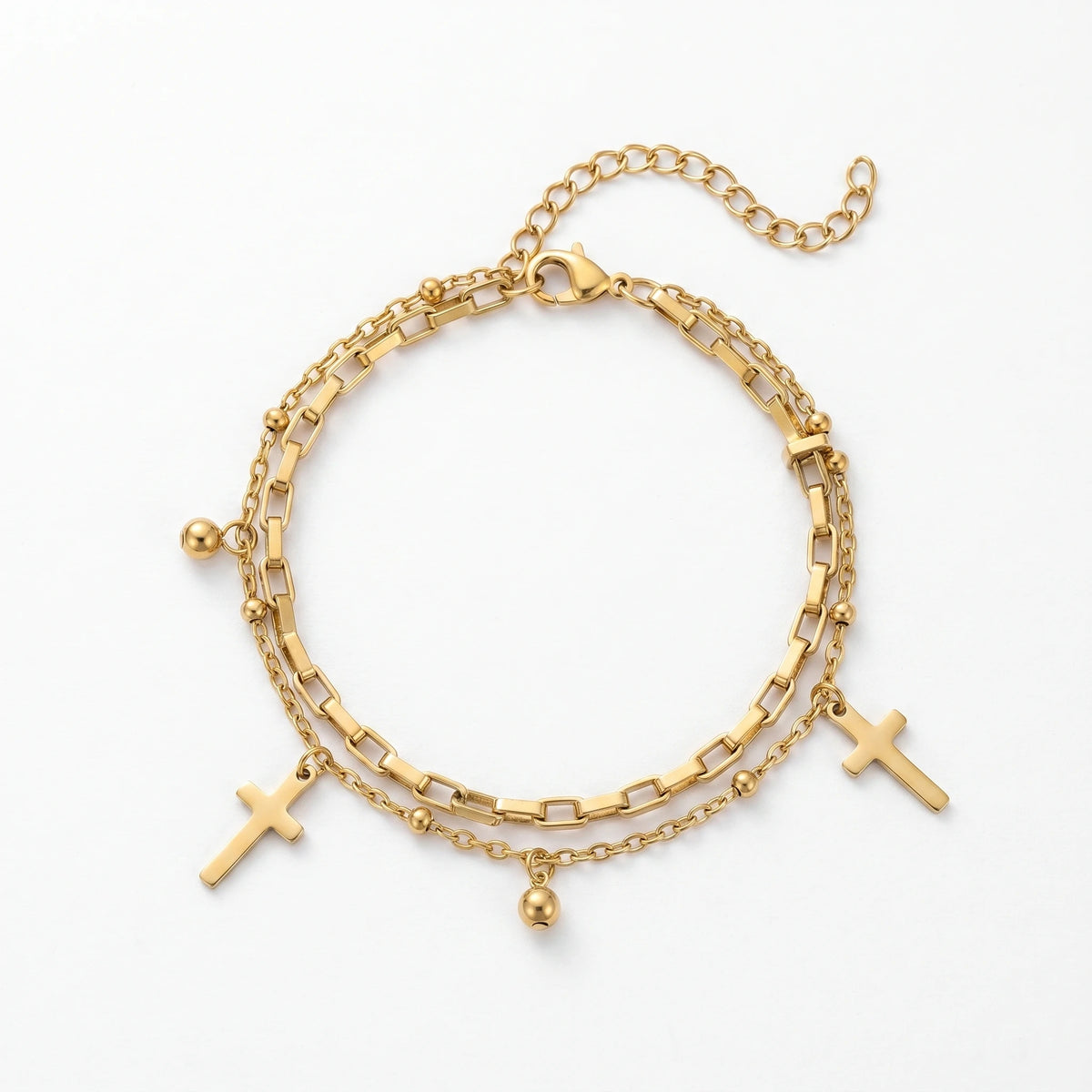 QIAOREN 11410 18K Gold Plated 2 Layered Cross & Ball Charm Bracelet Stainless Steel Tarnish Free Waterproof