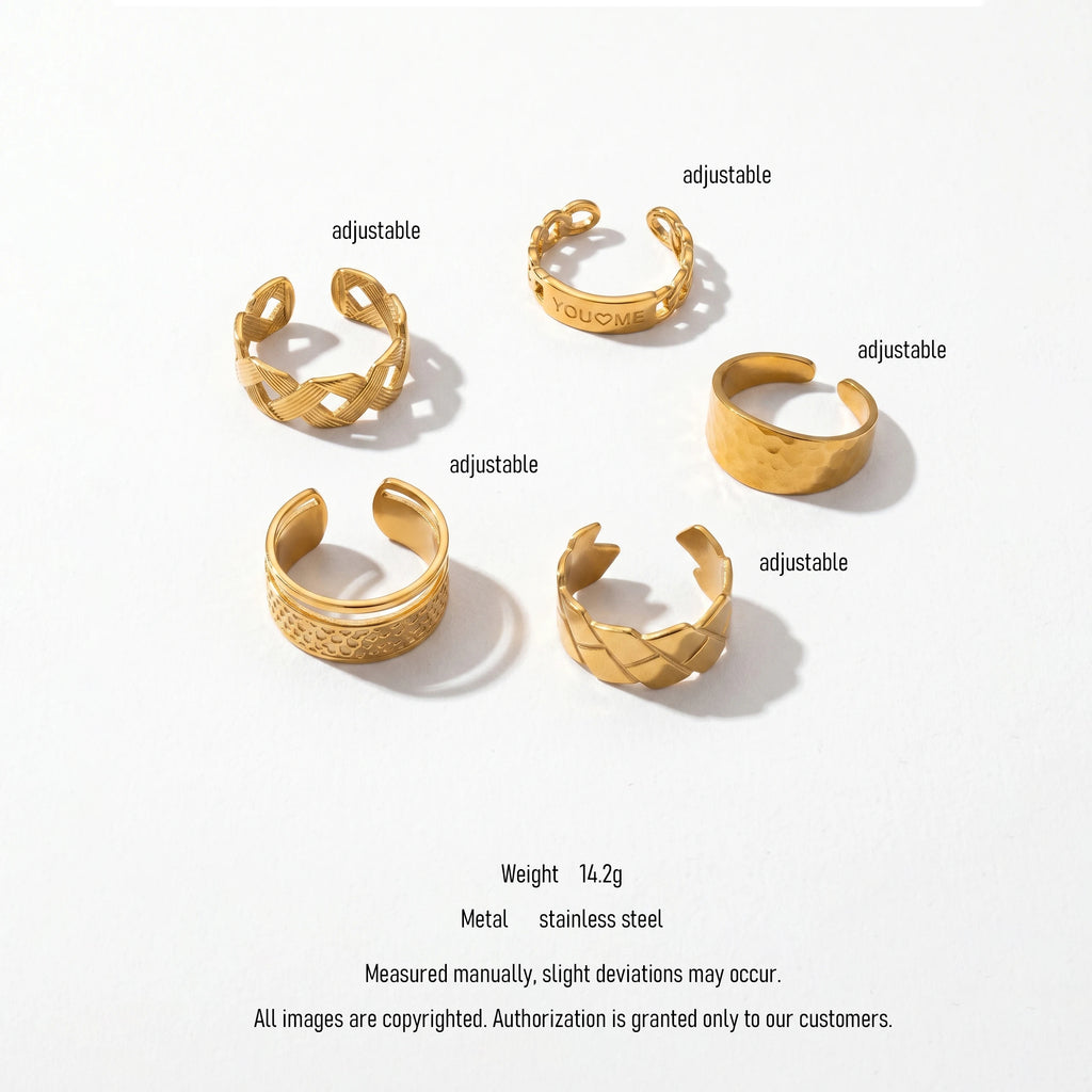 QIAOREN 10706 18K Gold Plated Stainless Steel Waterproof Open Ring Set | 5Pcs Adjustable Stackable Rings