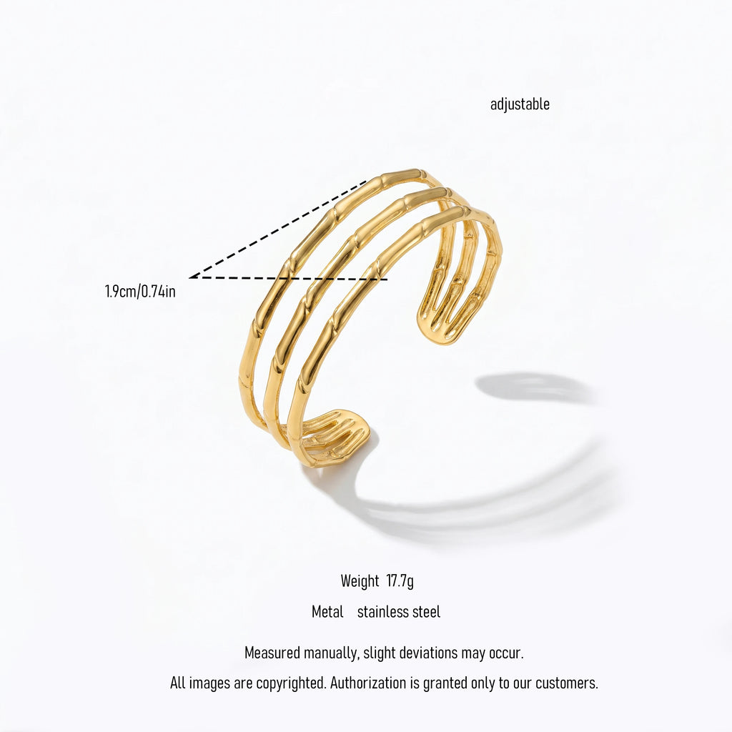 QIAOREN12704Oriental Triple Bamboo Segmented Wide Bangle Hypoallergenic Stainless Steel Gold Bracelet Birthday Good Fortune Gift