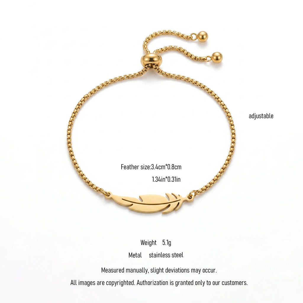 QIAOREN 11087 Minimalist Feather Charm Bracelet Stainless Steel Waterproof Adjustable Gold Bracelet for Women Fashion Jewelry