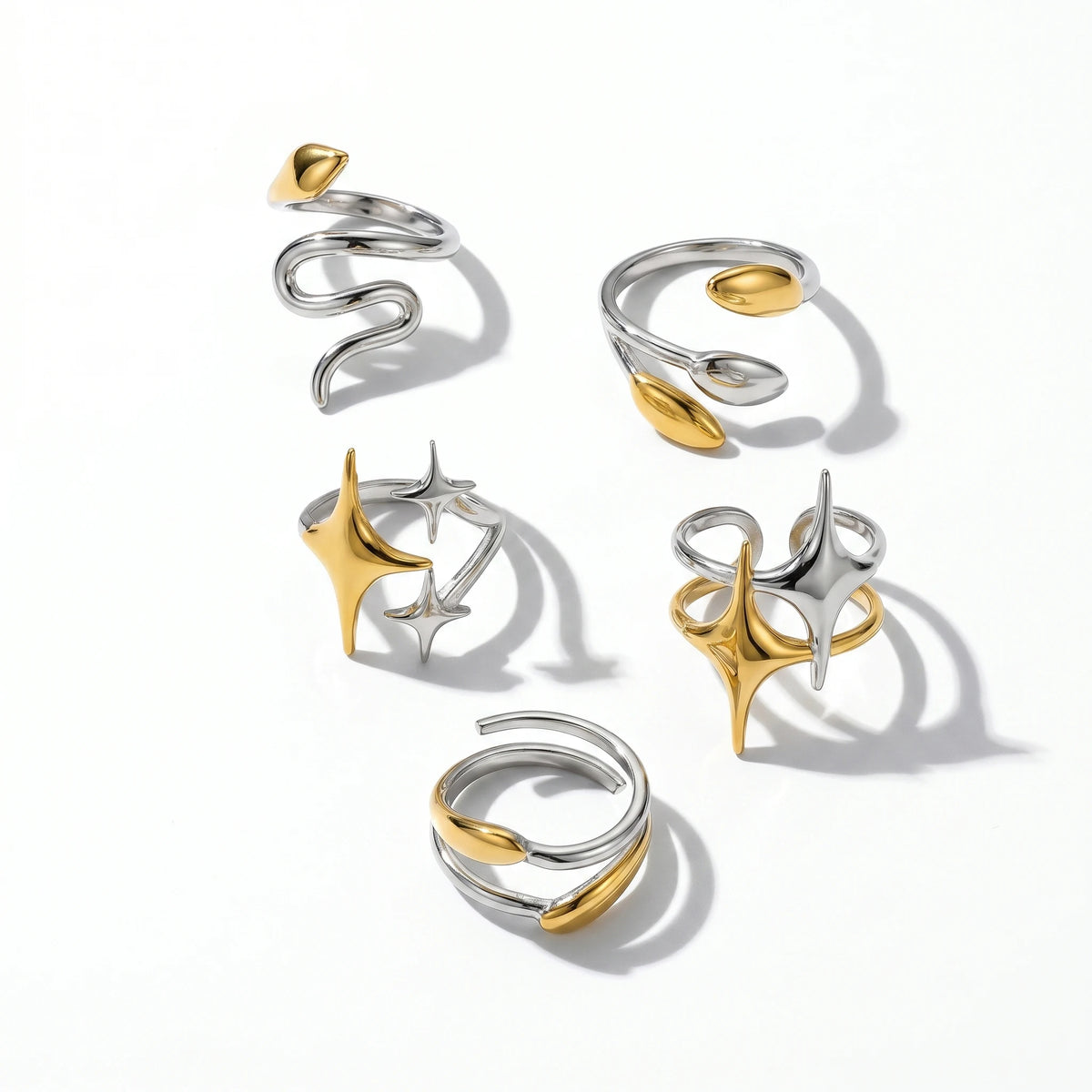 QIAOREN 12923-27 18K Gold Plated 316L Stainless Steel Two Tone Snake Star Adjustable Rings Set Tarnish Free Waterproof Jewelry