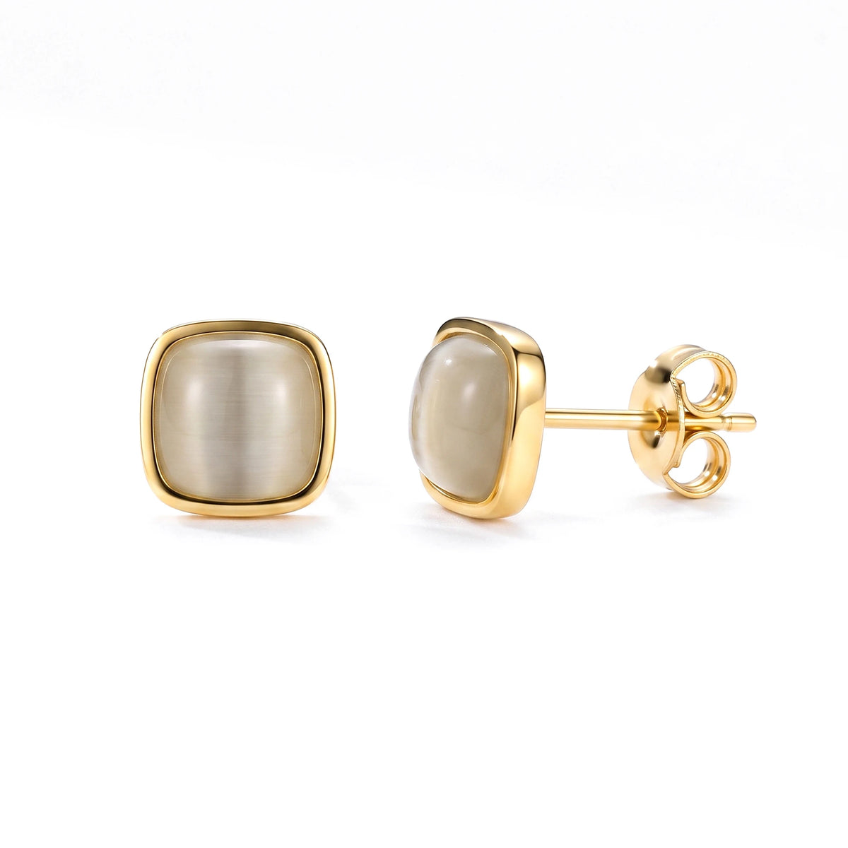 QIAOREN 13705-08 Square Cat Eye Stone Stud Earring Set, Multi Color Pink Blue Green White Smooth Cabochon Gem Gold Jewelry