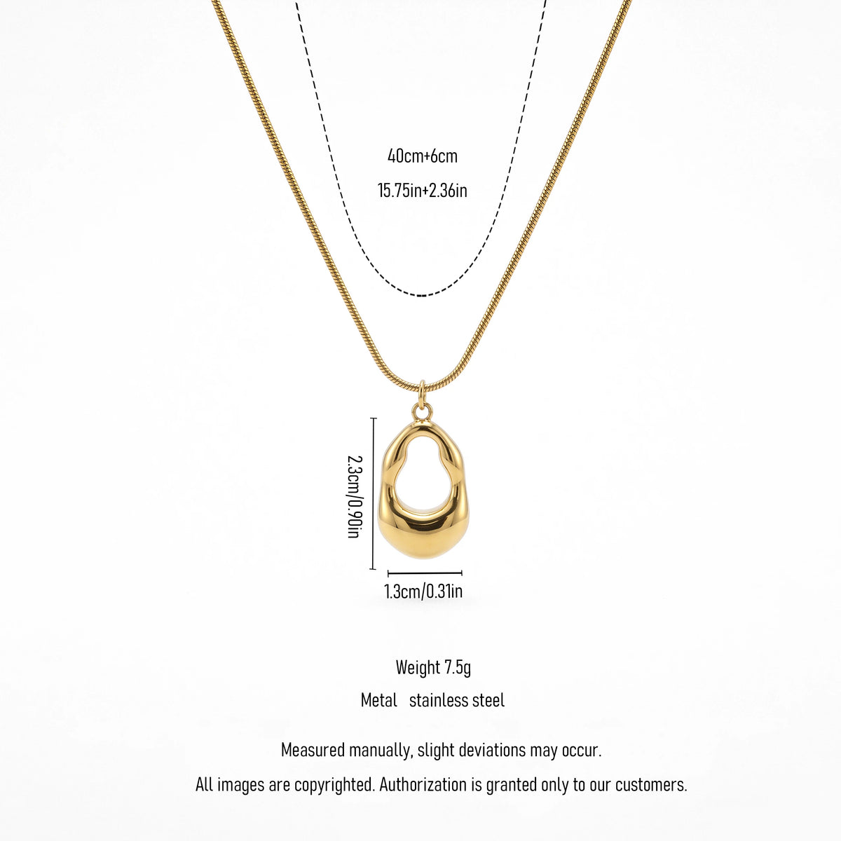QIAOREN 13750 Thin Snake Chain Pendant Necklace with Smooth Hollow Teardrop Oval Loop Charm, Polished Gloss Jewelry