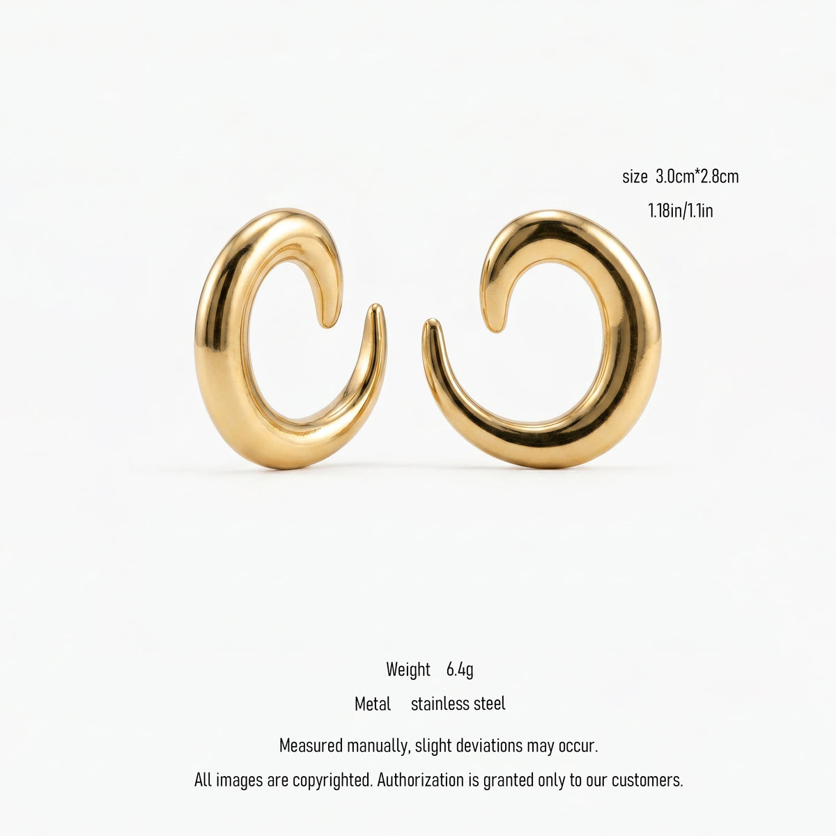 QIAOREN 10845 Tarnish Resistant 18K Gold Plated Chunky C-Shaped Earrings, Minimalist Stainless Steel Open Hoops