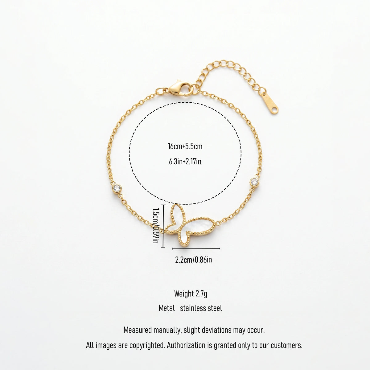 QIAOREN 13767 Thin Oval Link Chain Bracelet with Beaded Border White Mother of Pearl Butterfly Charm & Two Side Round Zircon