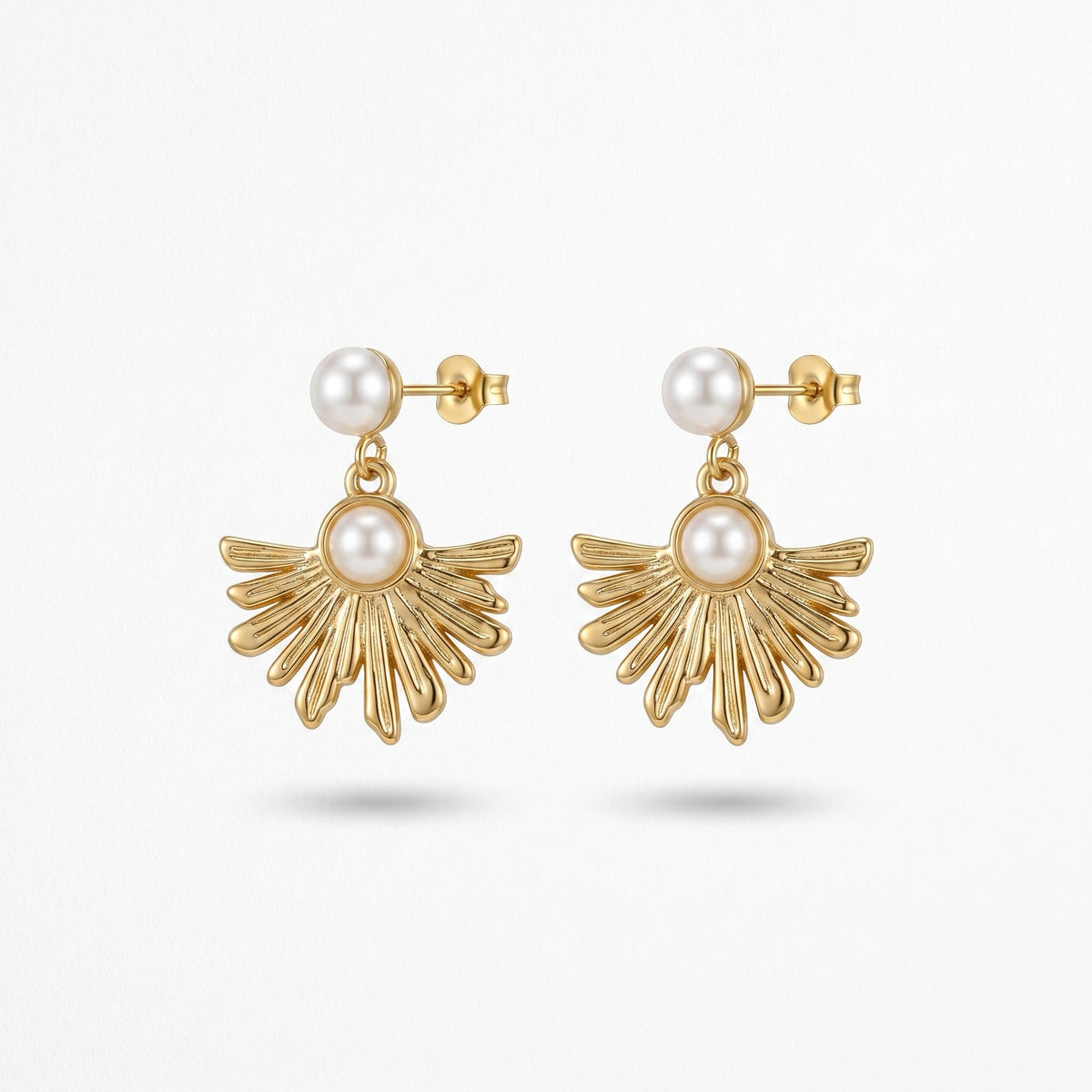QIAOREN 13218  Gold Plated Pearl Shell Drop Earrings for Women Stainless Steel Sunburst Statement Fashion Jewelry
